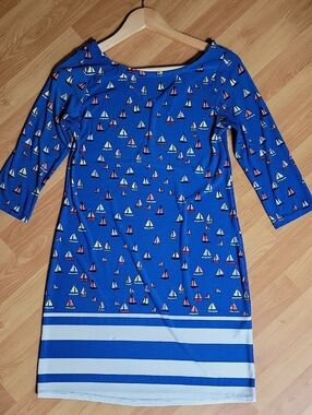 Leota Royal Blue Sailboat Print Boatneck Dress with Striped Hem